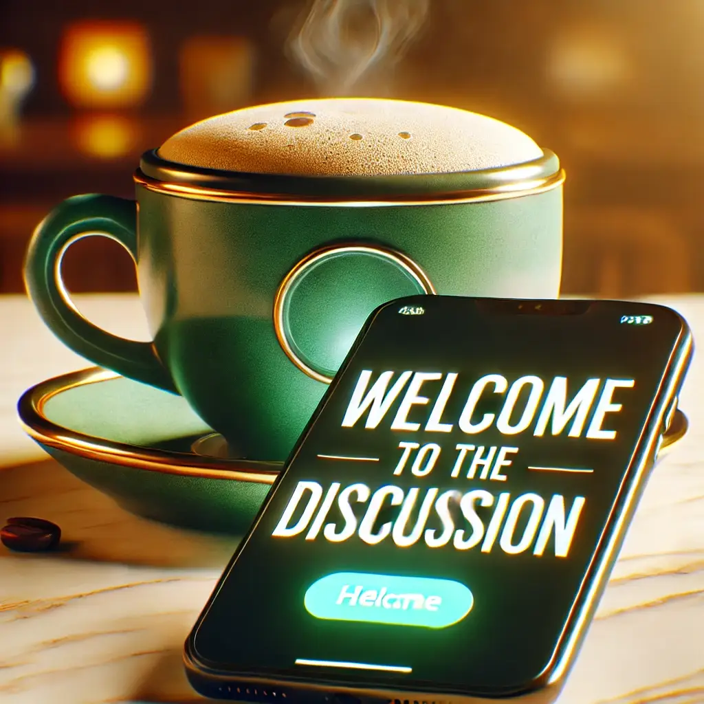 steaming cup of coffee next to a cell phone that states Welcome to the Discussion