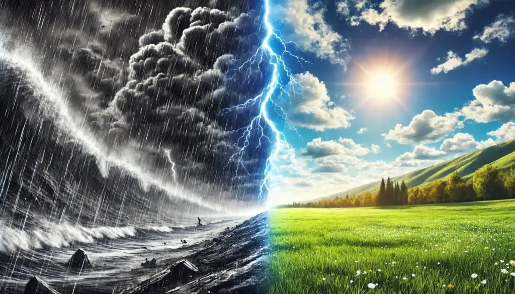 a realistic split screen landscape illustration. left side shows a dramatic black and white stormy scene. Right side is a bright sunny day.